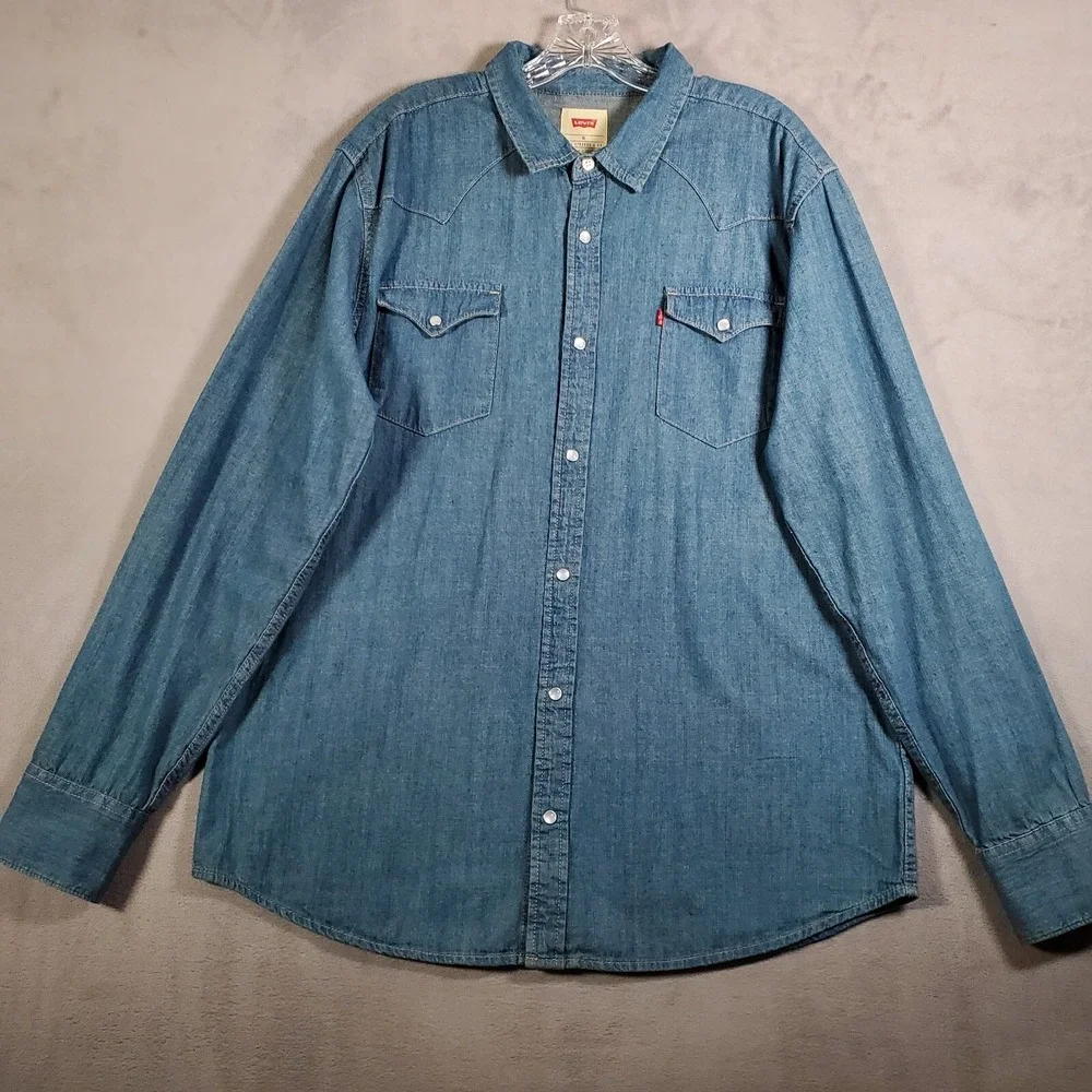 Levis Jean Shirt Mens XL Blue Med Wash Denim Pearl Snap Western Ranch Rodeo Work